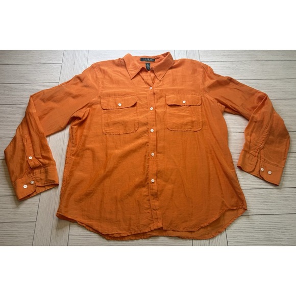Lauren Ralph Lauren Blouse Womens XL Silk Cotton Long Sleeve‎ Orange Colorful - Picture 1 of 6